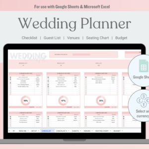 The digital wedding planner and wedding tracker spreadsheet includes a wedding checklist, guest list builder, automated seating chart, venue comparison and wedding budget tracker.